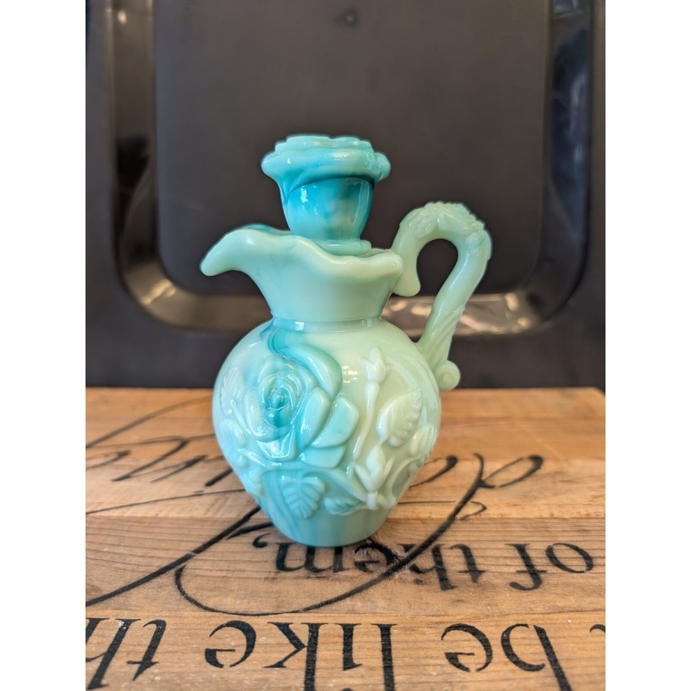 AVON 1978 Victorian Rose Jadeite Green Slag Milk Glass Mini Pitcher w/ Stopper